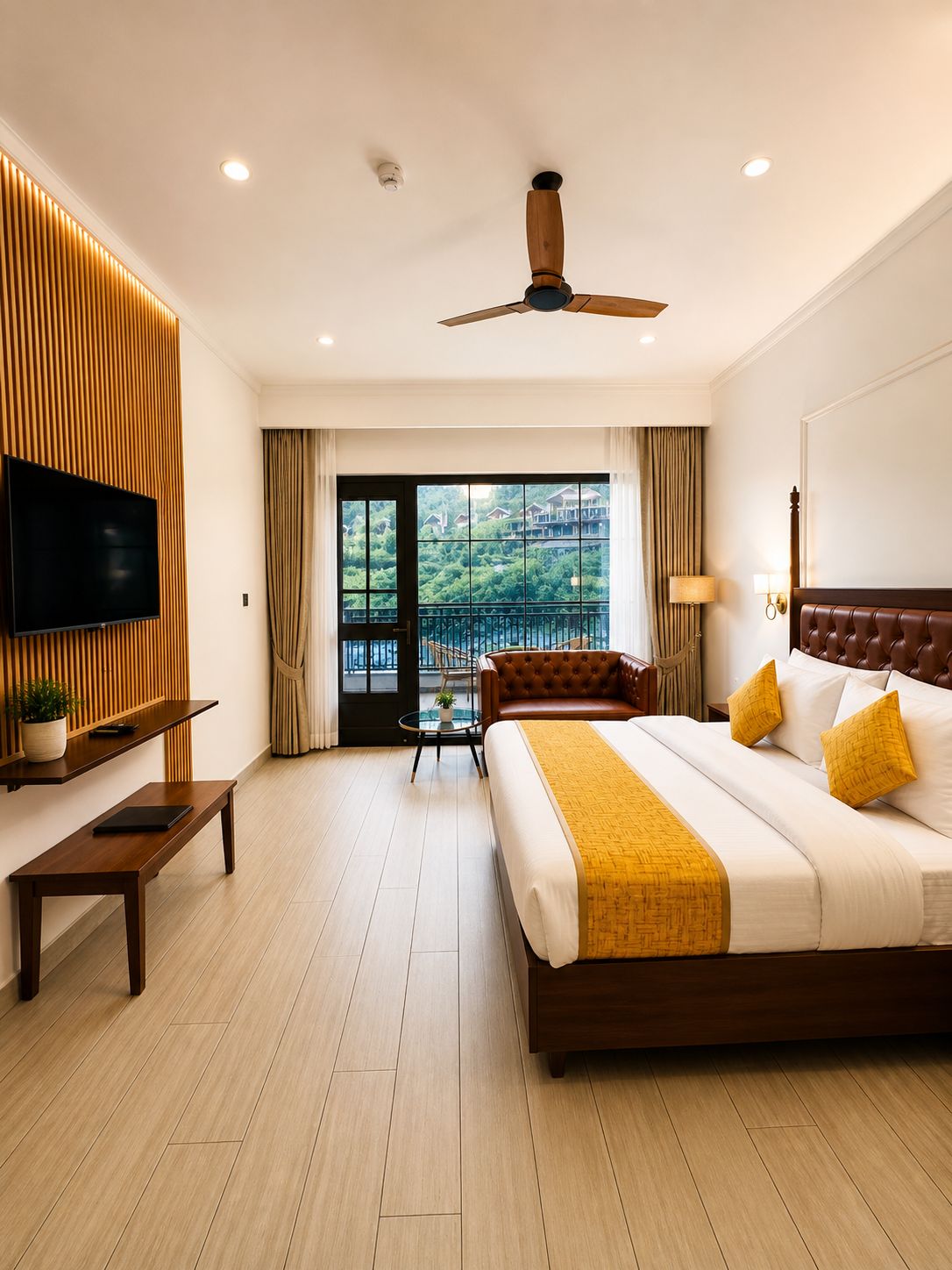 Luxury Room at Tiraya — king bed, leather sofa seating, wood panel TV wall, balcony with Himalayan valley view
